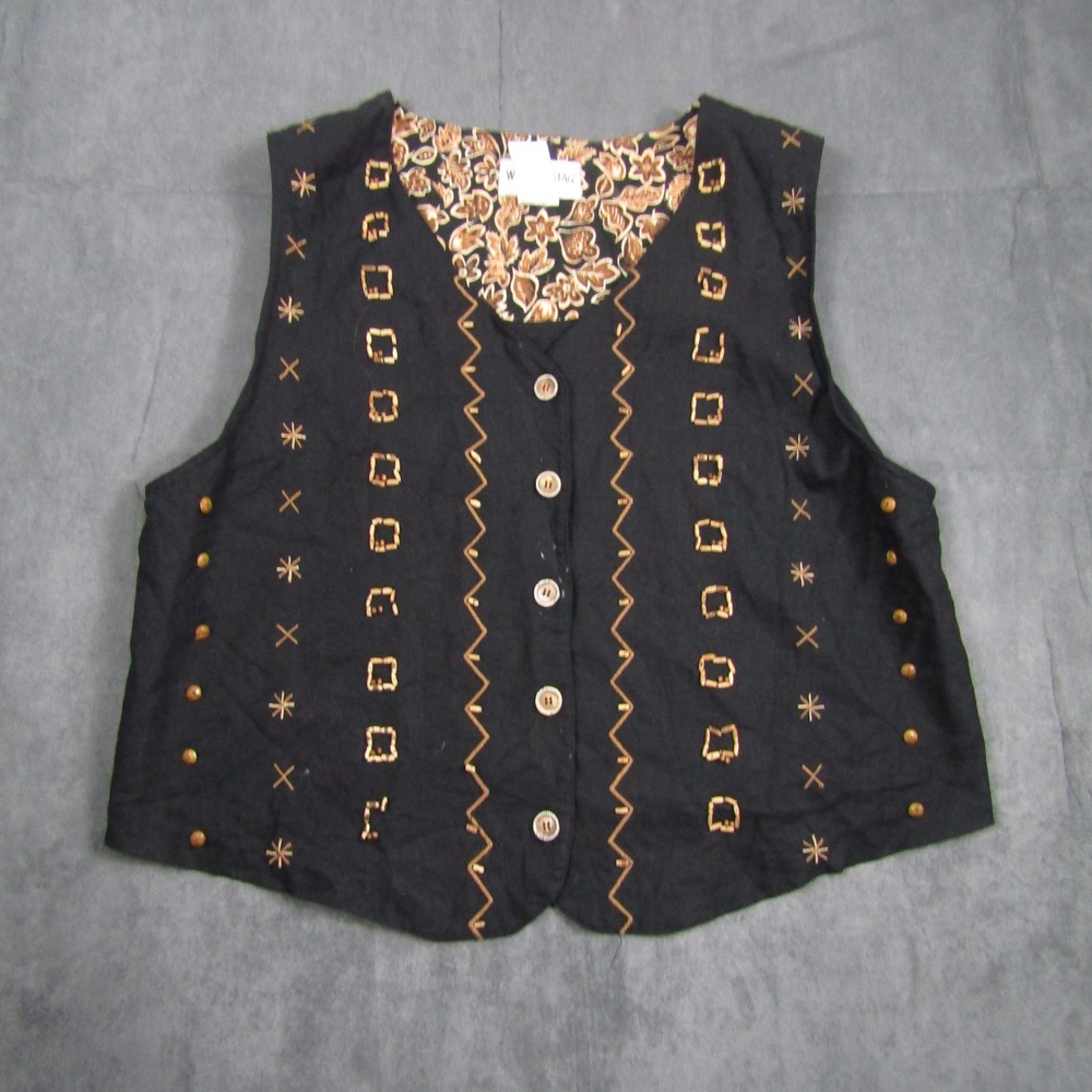 White Stag Vest Women 18W Black Linen Cotton Embroidered Beaded Boho Vintage
